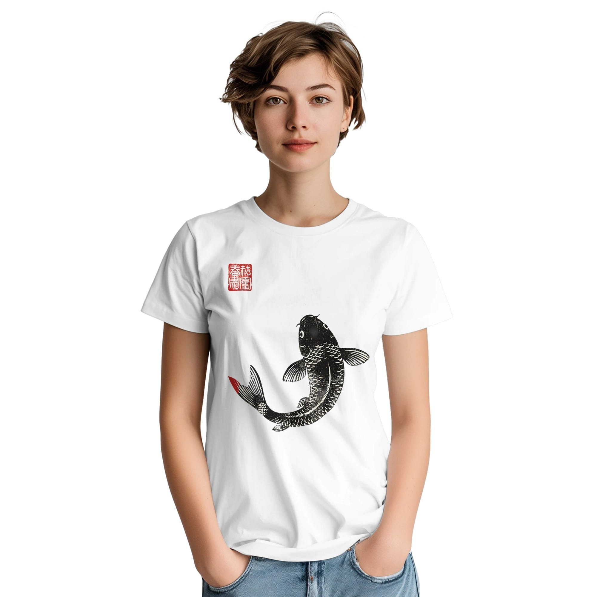 T-shirt Carpe Koi Sumi-e – Art Japonais T-shirt carpe koï sumi-e – vue portée lifestyle