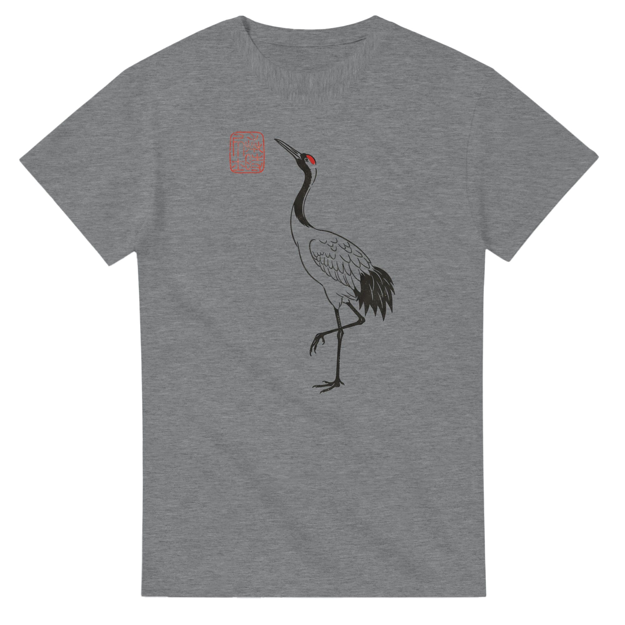 T-shirt Grue Japonaise Sumi-e – Symbole Zen de Longévité T-shirt grue japonaise sumi-e – détail illustration encre