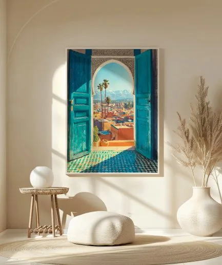 Affiche porte bleue marocaine avec zellige, médina et vue sur les montagnes de l’Atlas