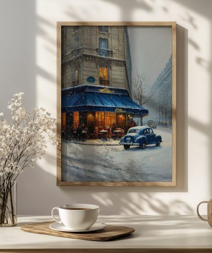 affiche rue parisienne hiver café illuminé voiture vintage ambiance chaleureuse paris