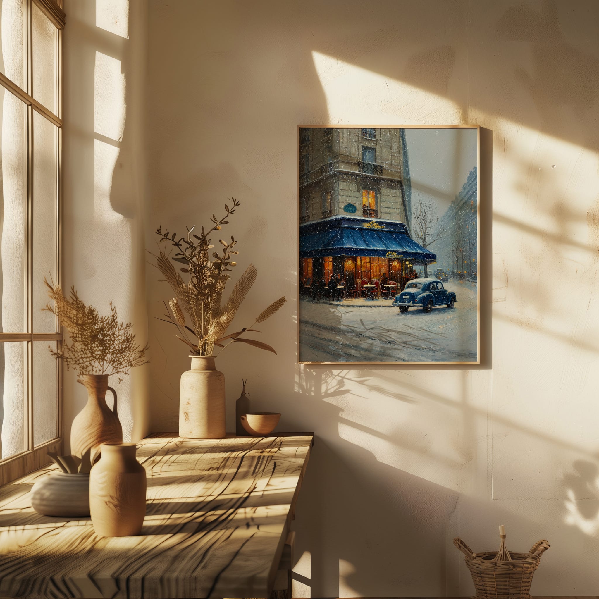 Affiche rue parisienne en hiver – Café illuminé affiche rue paris hiver mur lumineux décoration moderne