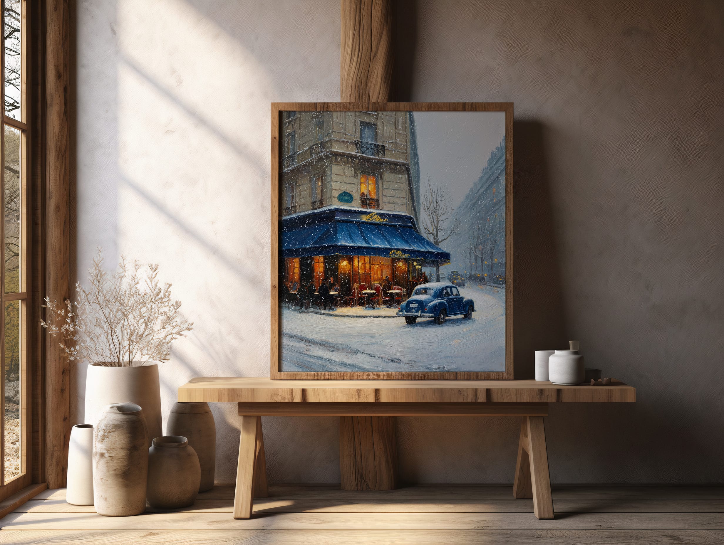 Affiche rue parisienne en hiver – Café illuminé affiche café parisien hiver mur salon ambiance chaleureuse