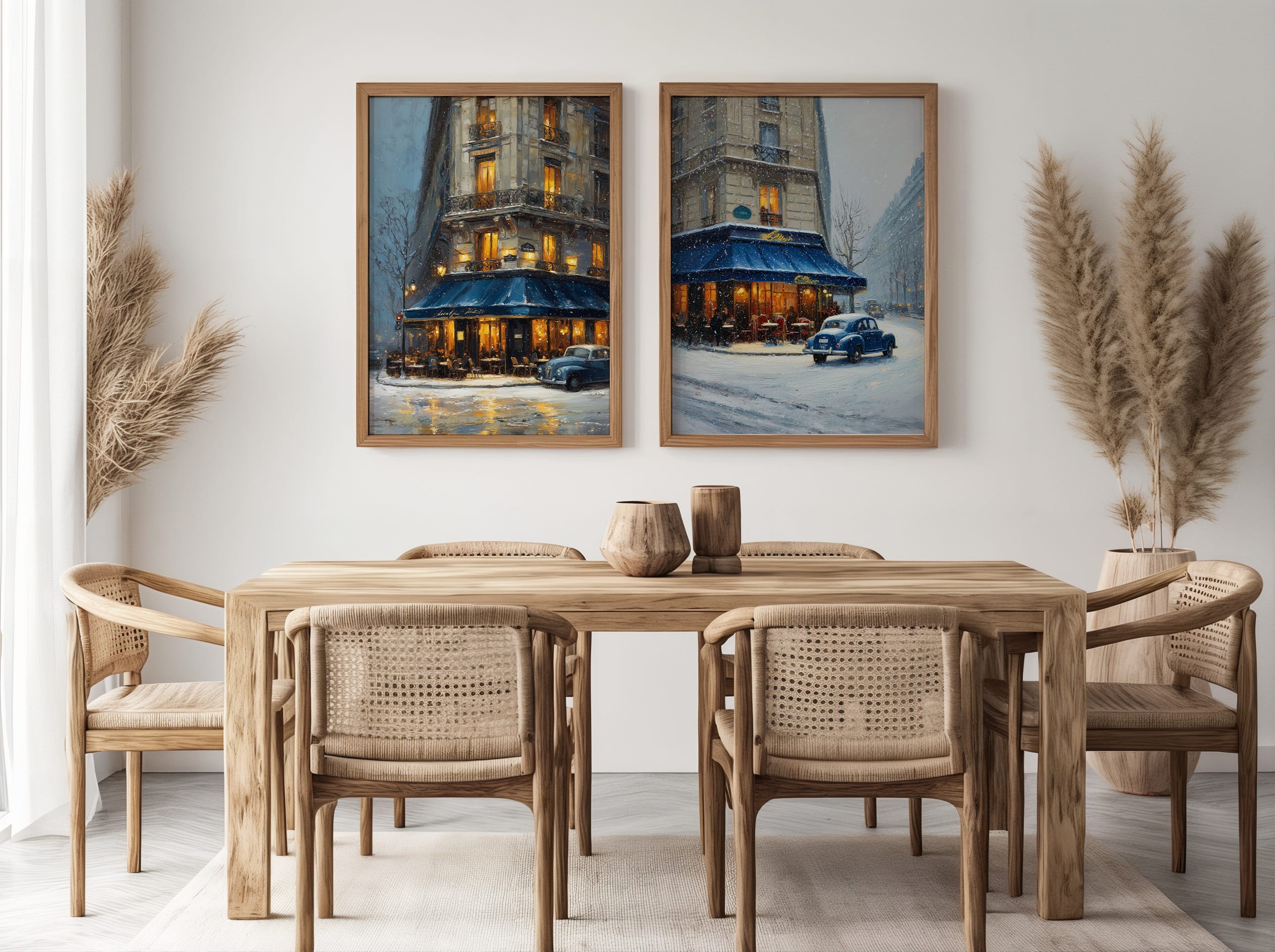 Affiche rue parisienne en hiver – Café illuminé affiches paris hiver duo décoration murale café vintage
