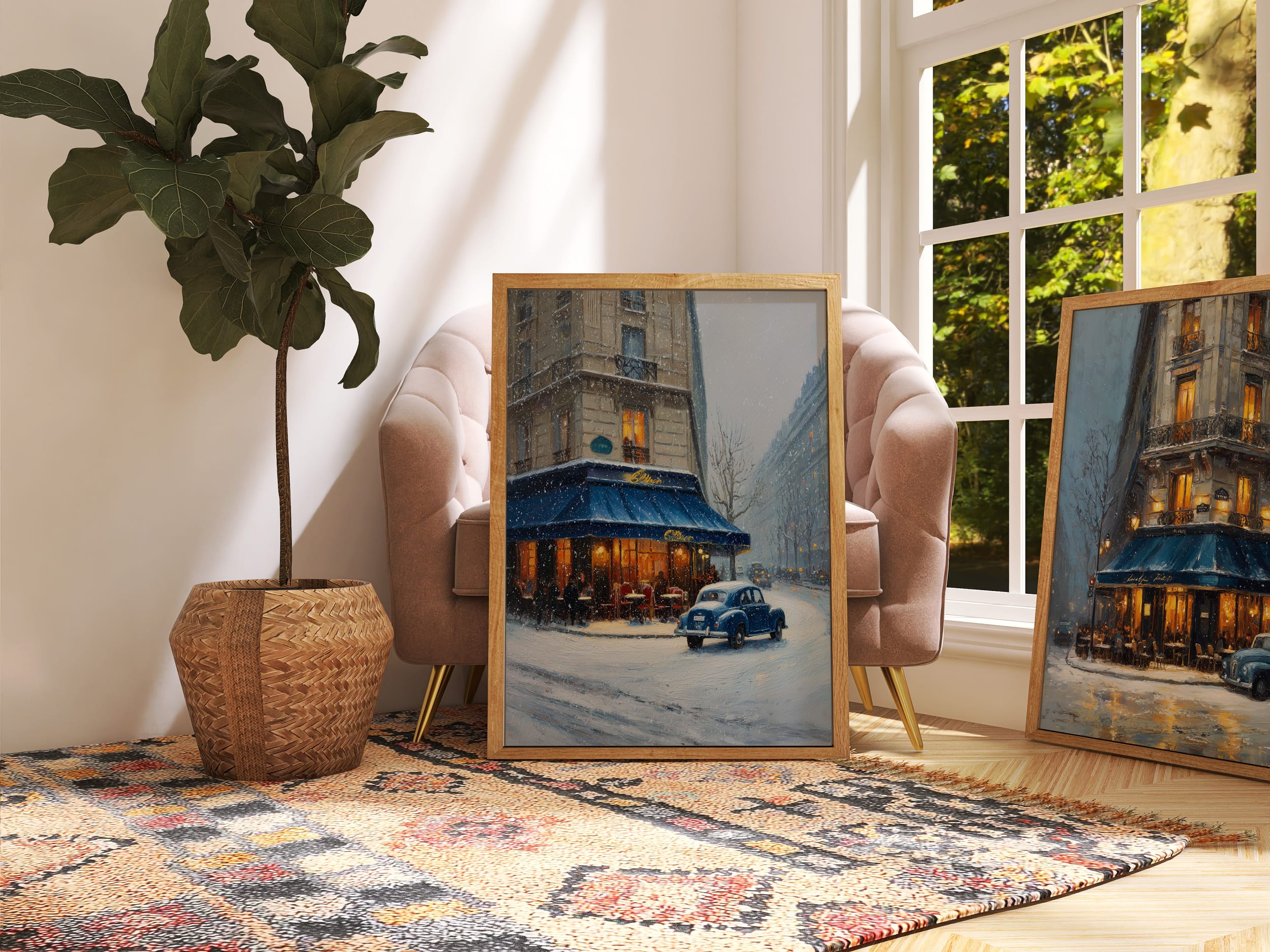 Affiche rue parisienne en hiver – Café illuminé affiche rue parisienne hiver décoration salon bohème chic