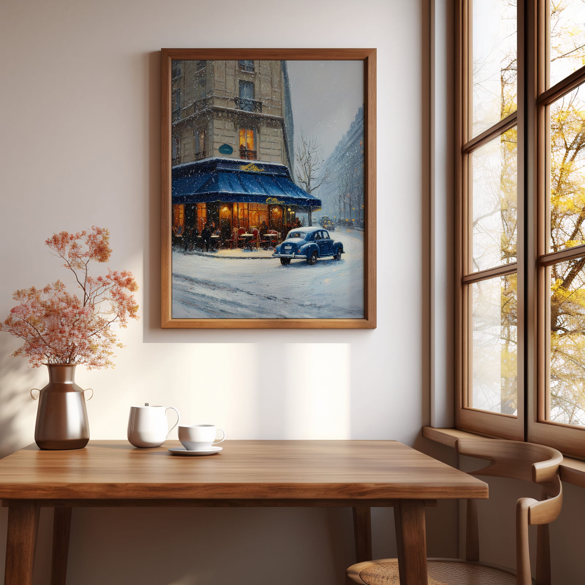 Affiche rue parisienne en hiver – Café illuminé affiche paris vintage hiver lumière naturelle décoration intérieure