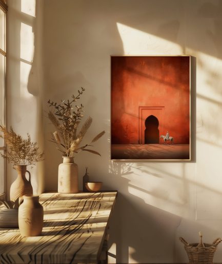 Affiche terracotta cavalier méditerranéen – mockup v1 intérieur minimaliste