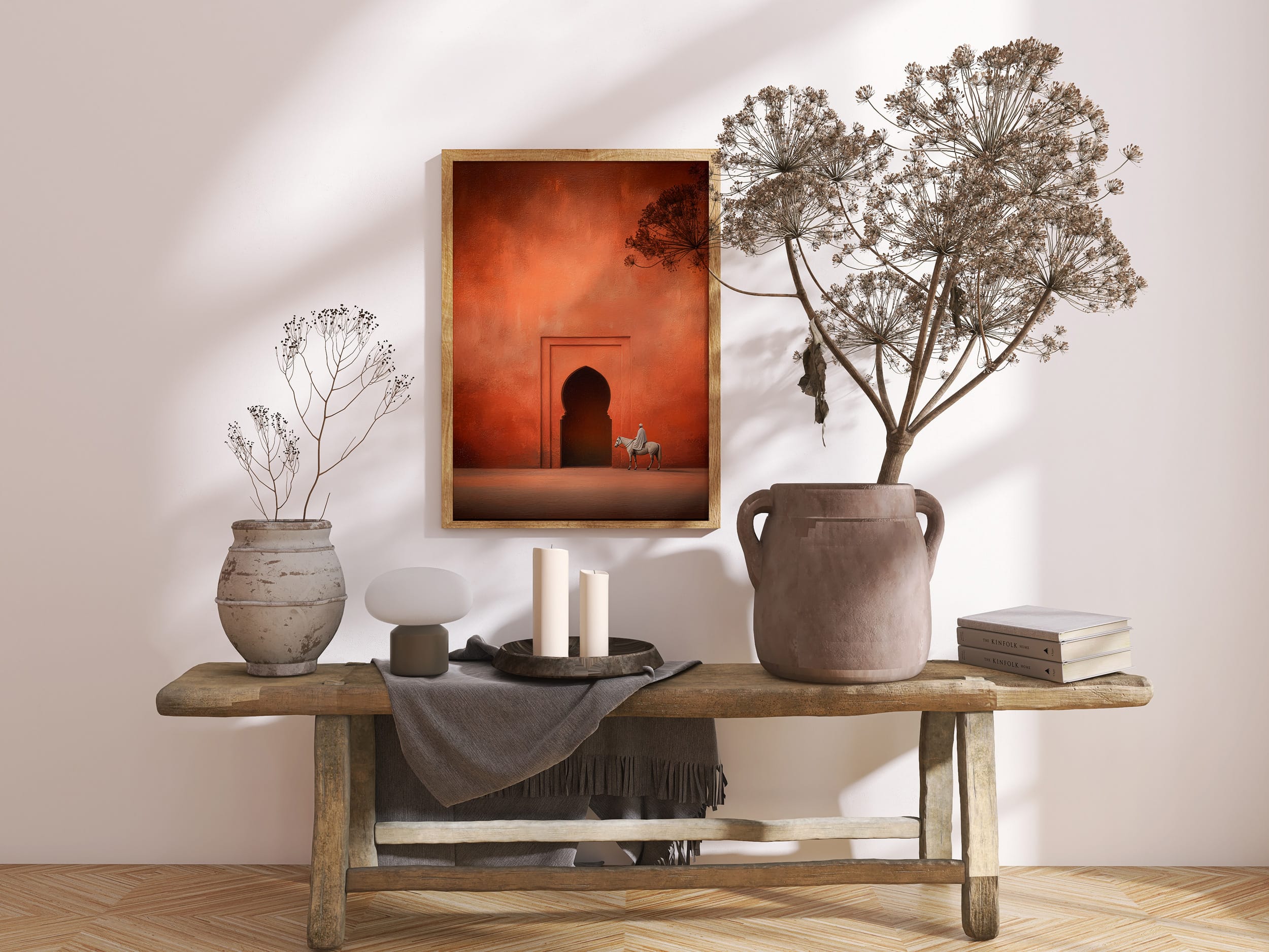 Affiche Terracotta – Cavalier Méditerranéen Affiche terracotta cavalier – mockup 06 console entrée fond blanc beige