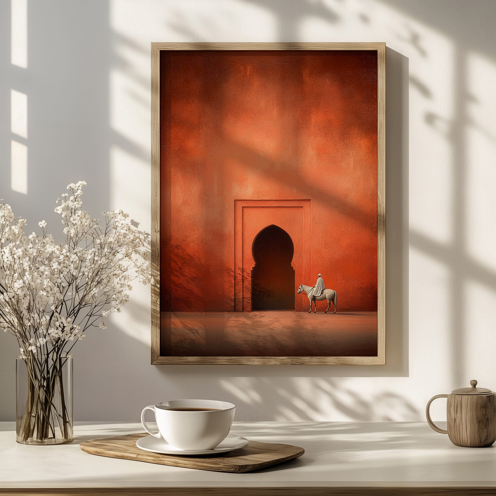 Affiche Terracotta – Cavalier Méditerranéen Affiche terracotta cavalier – mockup 09 chambre tons naturels apaisants