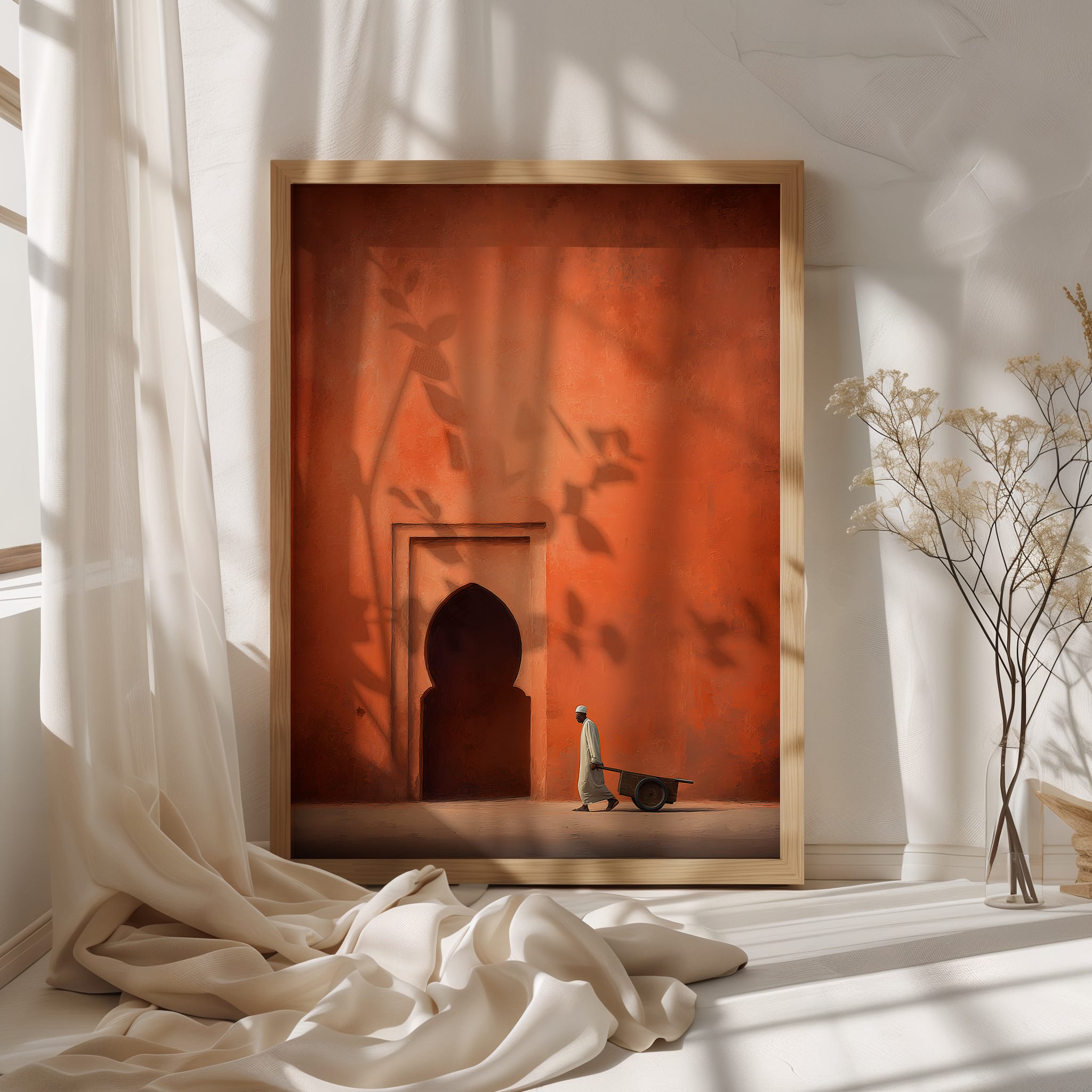 Affiche Porte Orientale Terracotta – Homme à la charrette Affiche porte orientale terracotta avec lumière naturelle près d’une tasse
