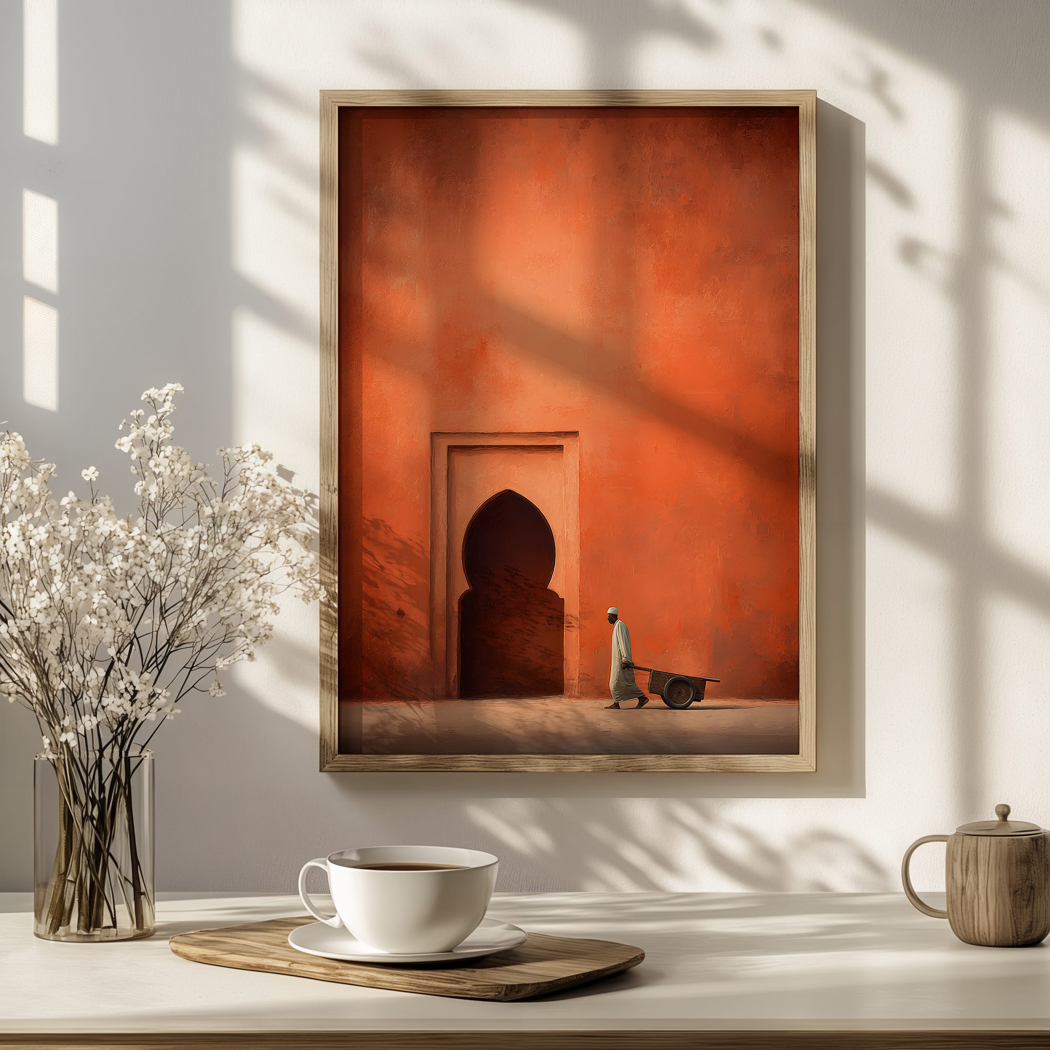 Affiche Porte Orientale Terracotta – Homme à la charrette Affiche porte orientale terracotta près d’une tasse et de fleurs séchées