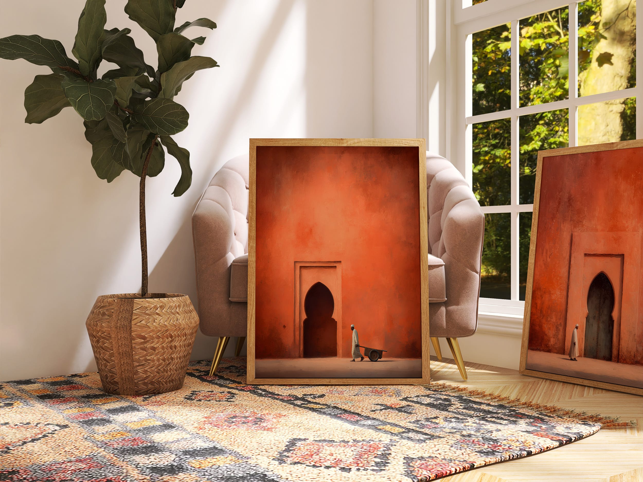 Affiche Porte Orientale Terracotta – Homme à la charrette Affiche porte orientale terracotta posée dans un salon bohème avec tapis coloré