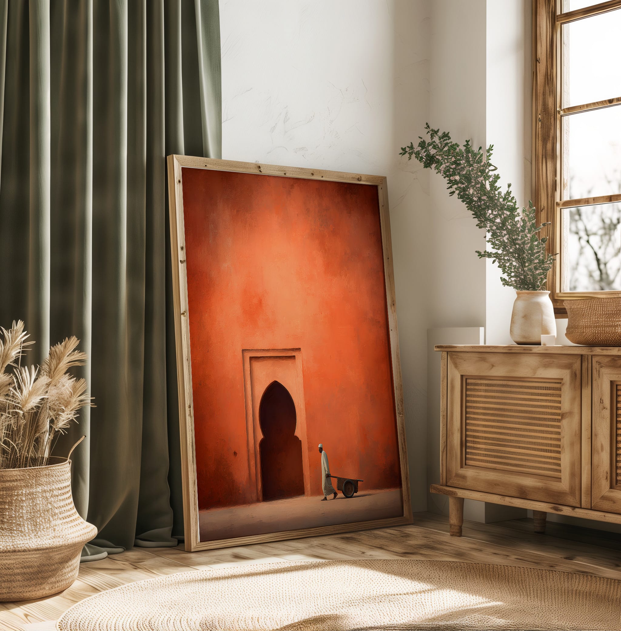 Affiche Porte Orientale Terracotta – Homme à la charrette Affiche porte orientale terracotta dans un intérieur avec rideaux verts