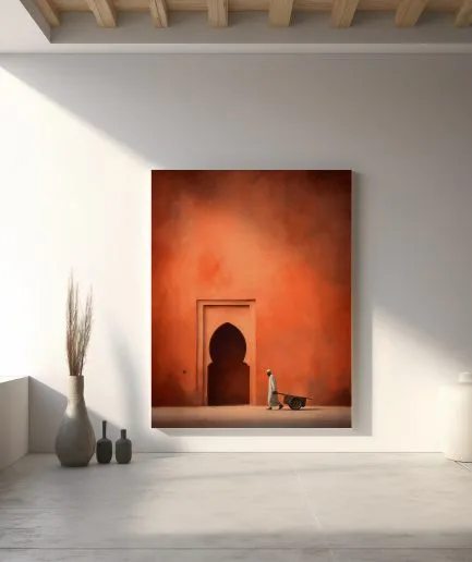 Affiche porte orientale terracotta avec homme à la charrette devant un mur ocre