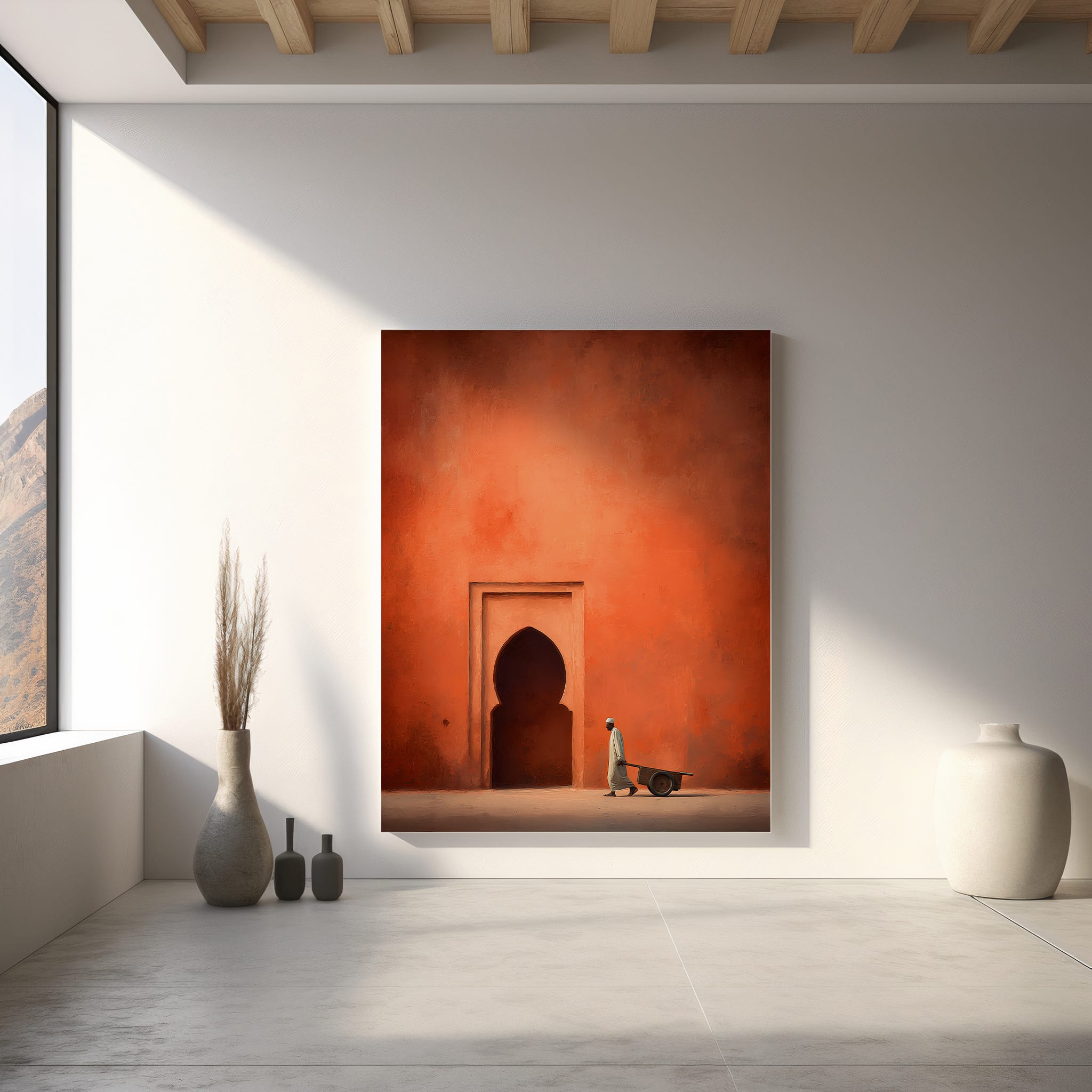 Affiche Porte Orientale Terracotta – Homme à la charrette Affiche porte orientale terracotta avec homme à la charrette devant un mur ocre