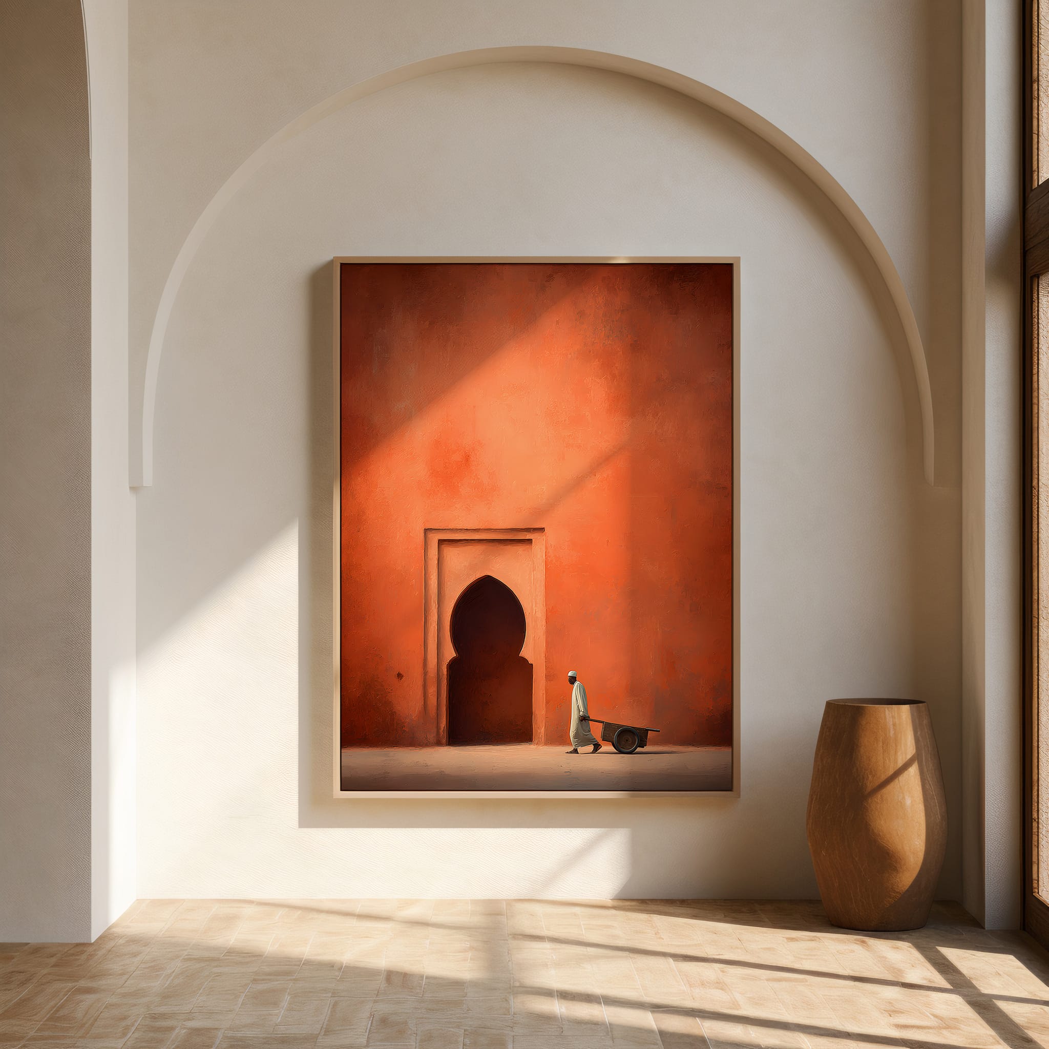Affiche Porte Orientale Terracotta – Homme à la charrette Affiche porte orientale terracotta dans une décoration minimaliste lumineuse