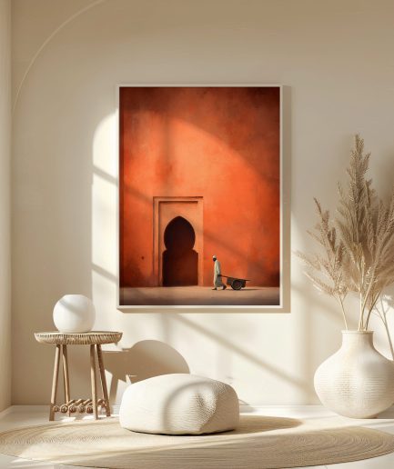 Affiche porte orientale terracotta dans une niche murale avec vase décoratif