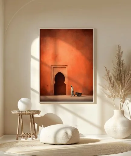 Affiche porte orientale terracotta dans une niche murale avec vase décoratif