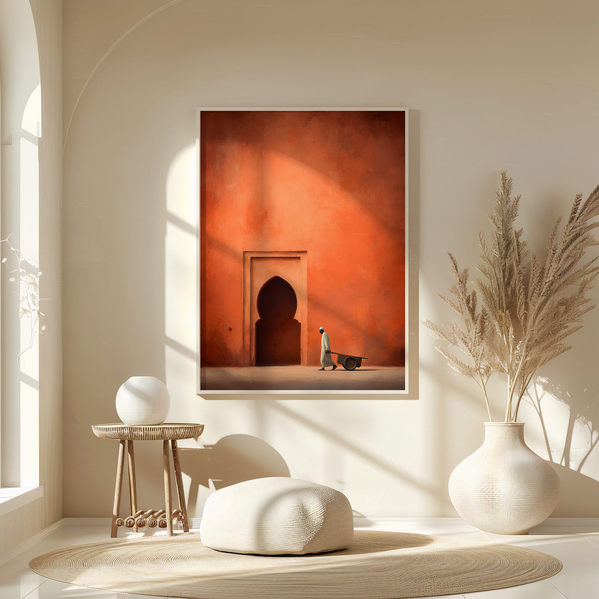 Affiche Porte Orientale Terracotta – Homme à la charrette Affiche porte orientale terracotta dans une niche murale avec vase décoratif