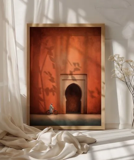 Affiche mur terracotta Maroc avec porte orientale dans une chambre lumineuse