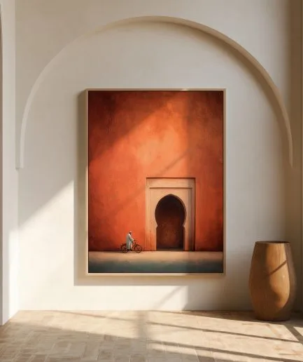 Affiche mur terracotta Maroc avec porte orientale et bicyclette