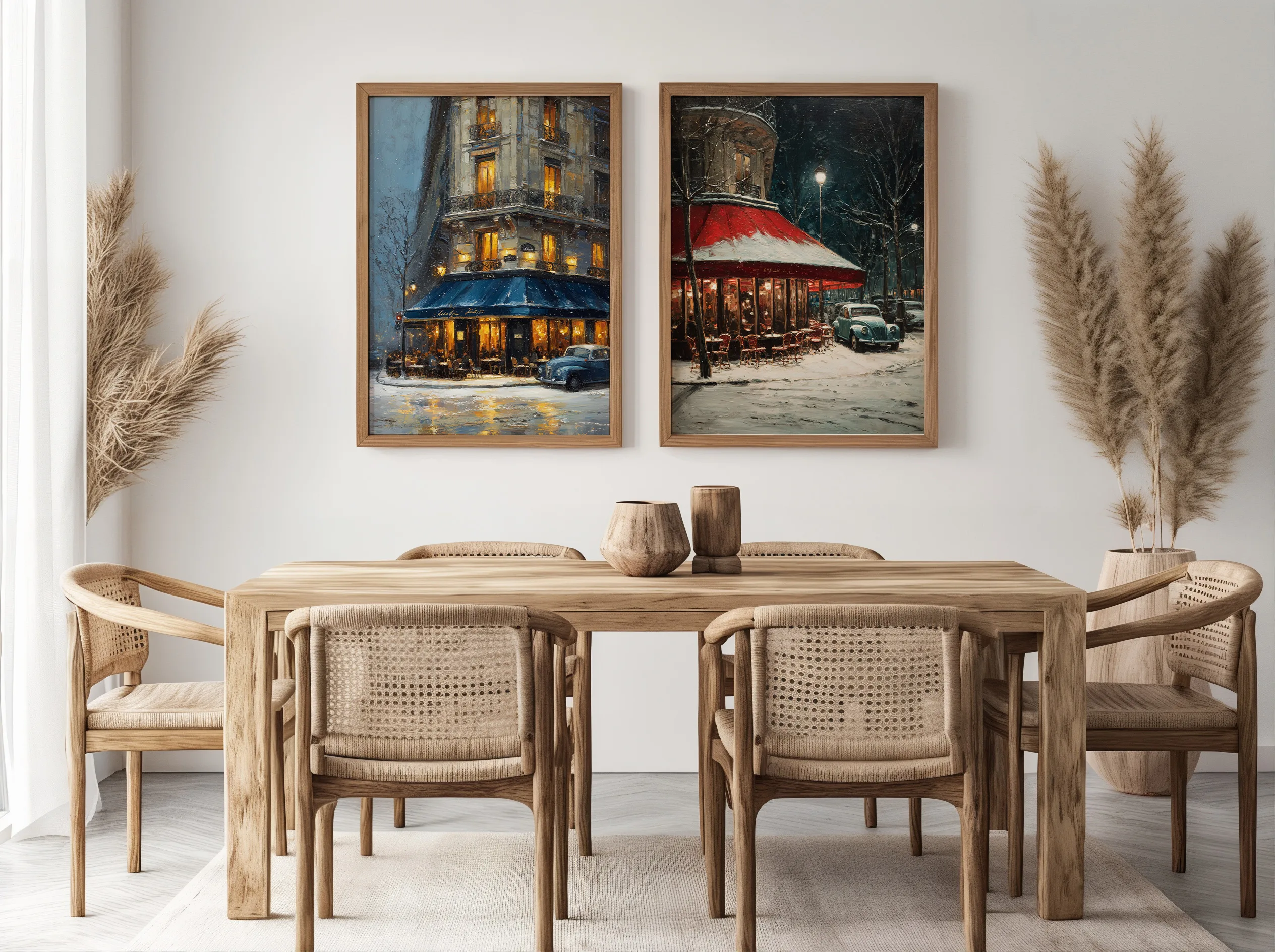 Affiche Paris Hiver – Café Rouge sous la Neige Affiche Paris hiver sous la neige – mockup 05 salon double cadre cosy