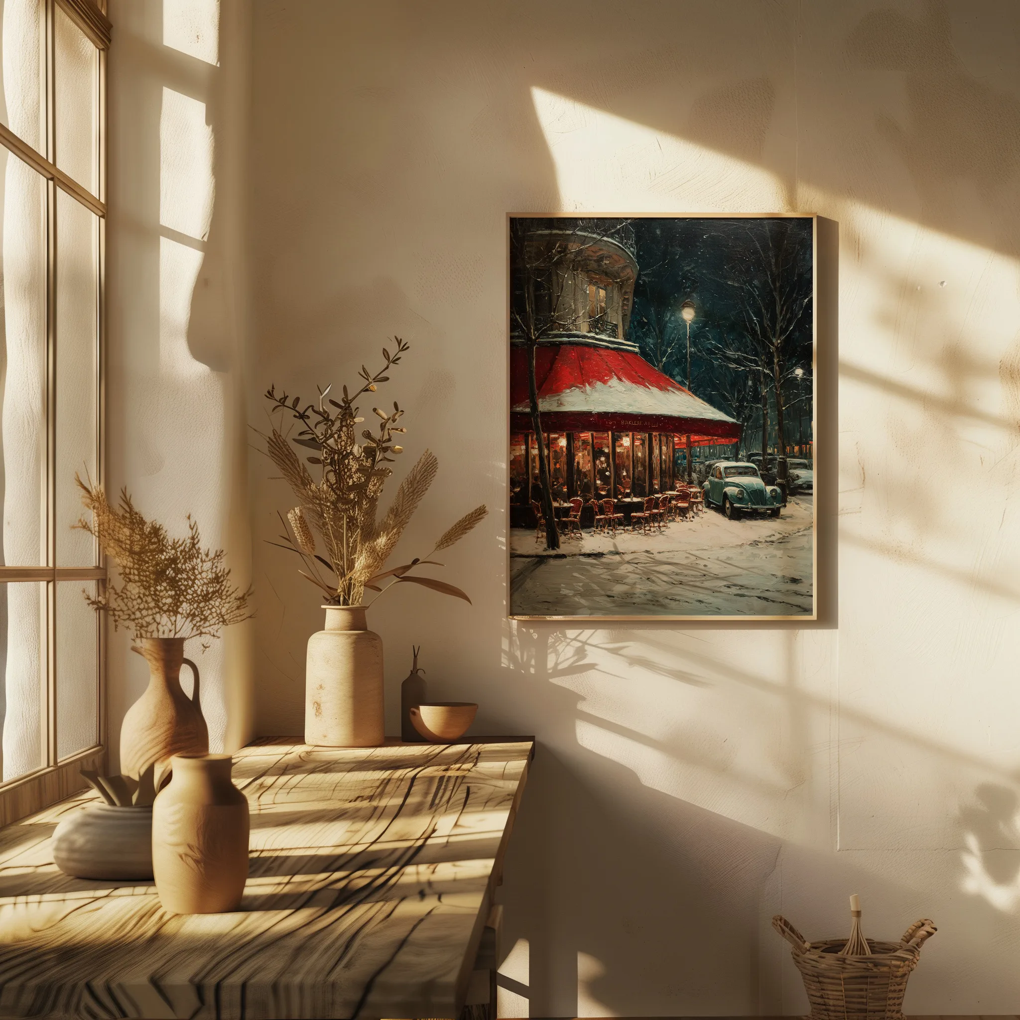 Affiche Paris Hiver – Café Rouge sous la Neige Affiche Paris hiver neige – mockup 07 entrée banc bois style naturel