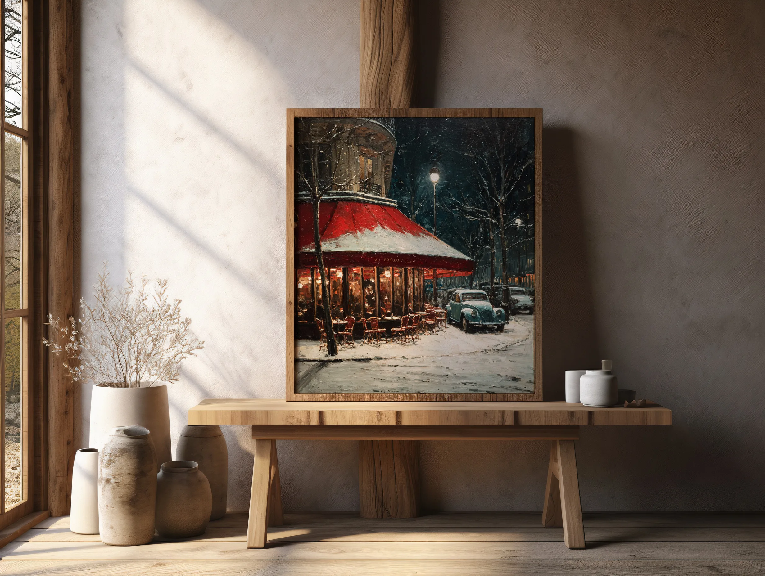 Affiche Paris Hiver – Café Rouge sous la Neige Affiche Paris hiver café rouge sous la neige – mockup 08 chambre féutrée