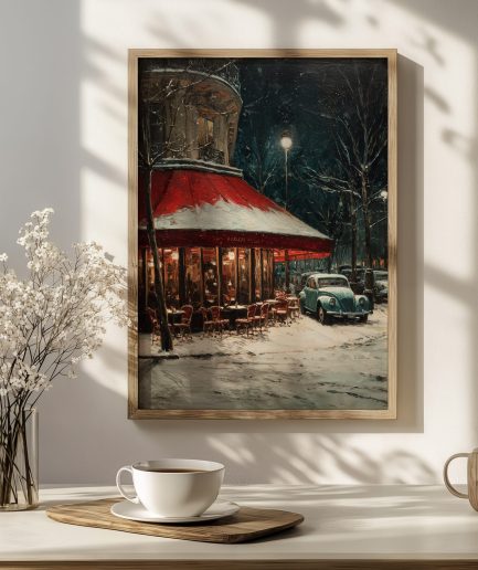 Affiche Paris café sous la neige – art mural hivernal style peinture à l’huile