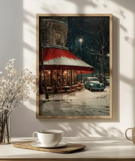 Affiche Paris café sous la neige – art mural hivernal style peinture à l’huile