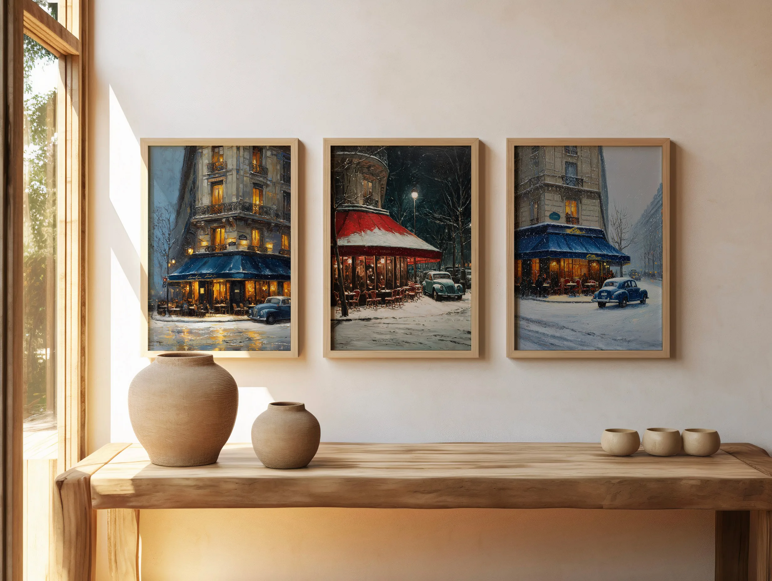 Affiche Paris Hiver – Café Rouge sous la Neige Affiche Paris hiver café rouge – mockup 10 lifestyle décoration murale