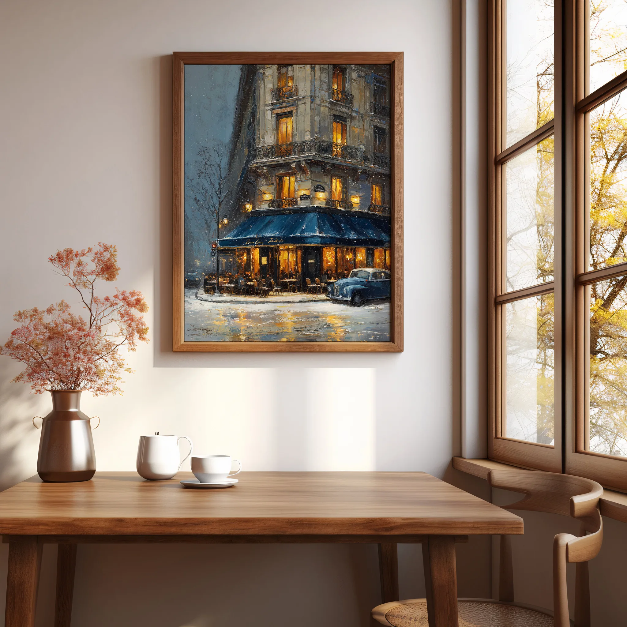 Affiche Paris sous la neige – Café vintage affiche paris hiver café vintage décoration murale élégante mur minimaliste