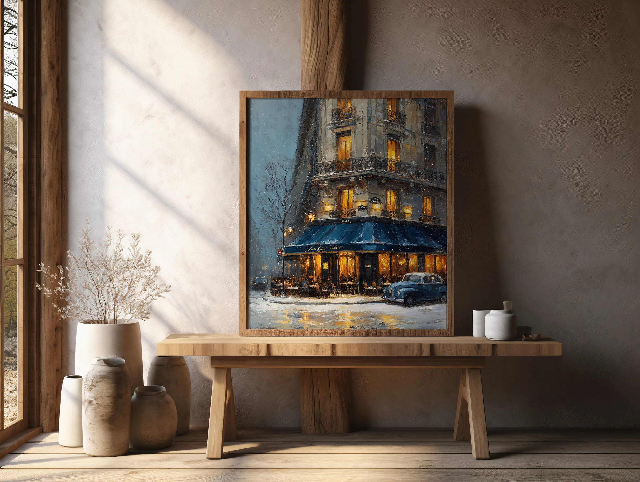 Affiche Paris sous la neige – Café vintage affiche paris sous la neige ambiance cosy décoration murale salon élégant