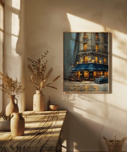 affiche paris hiver café vintage décoration murale élégante lumière naturelle