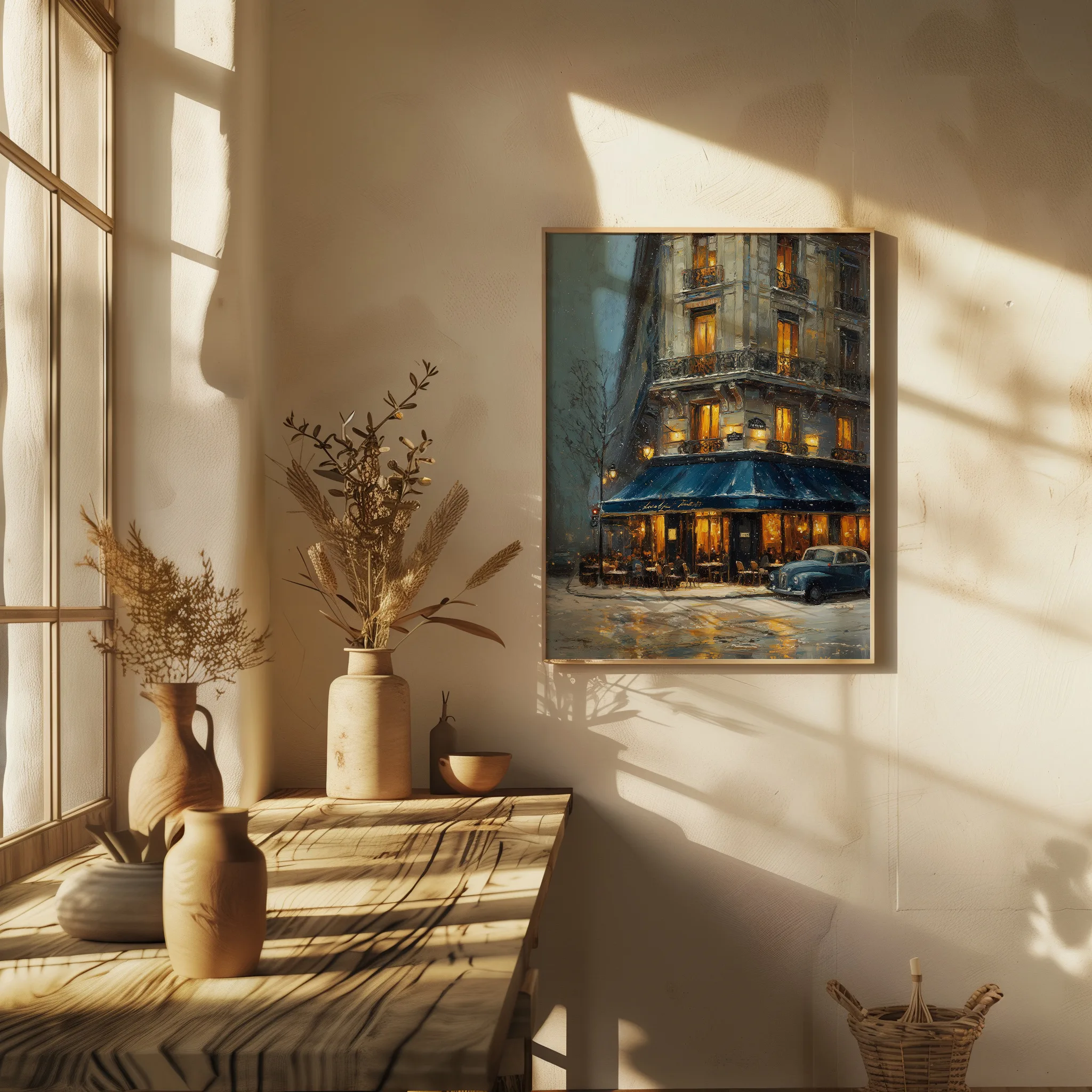 Affiche Paris sous la neige – Café vintage affiche paris hiver café vintage décoration murale élégante lumière naturelle