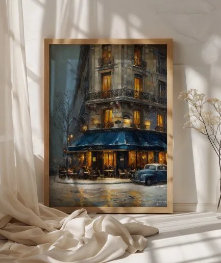 affiche paris sous la neige café parisien vintage décoration murale cosy