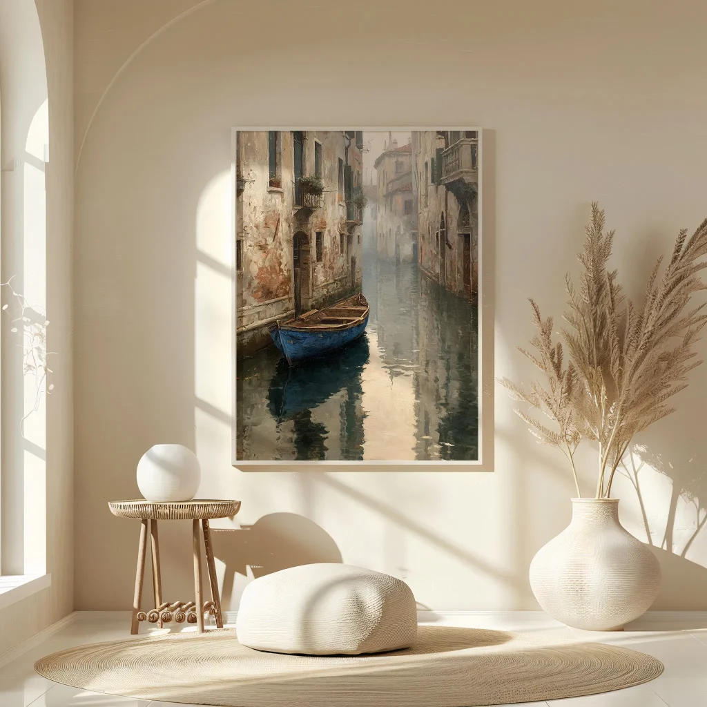Affiche canal de Venise bateau bleu – décoration murale poétique