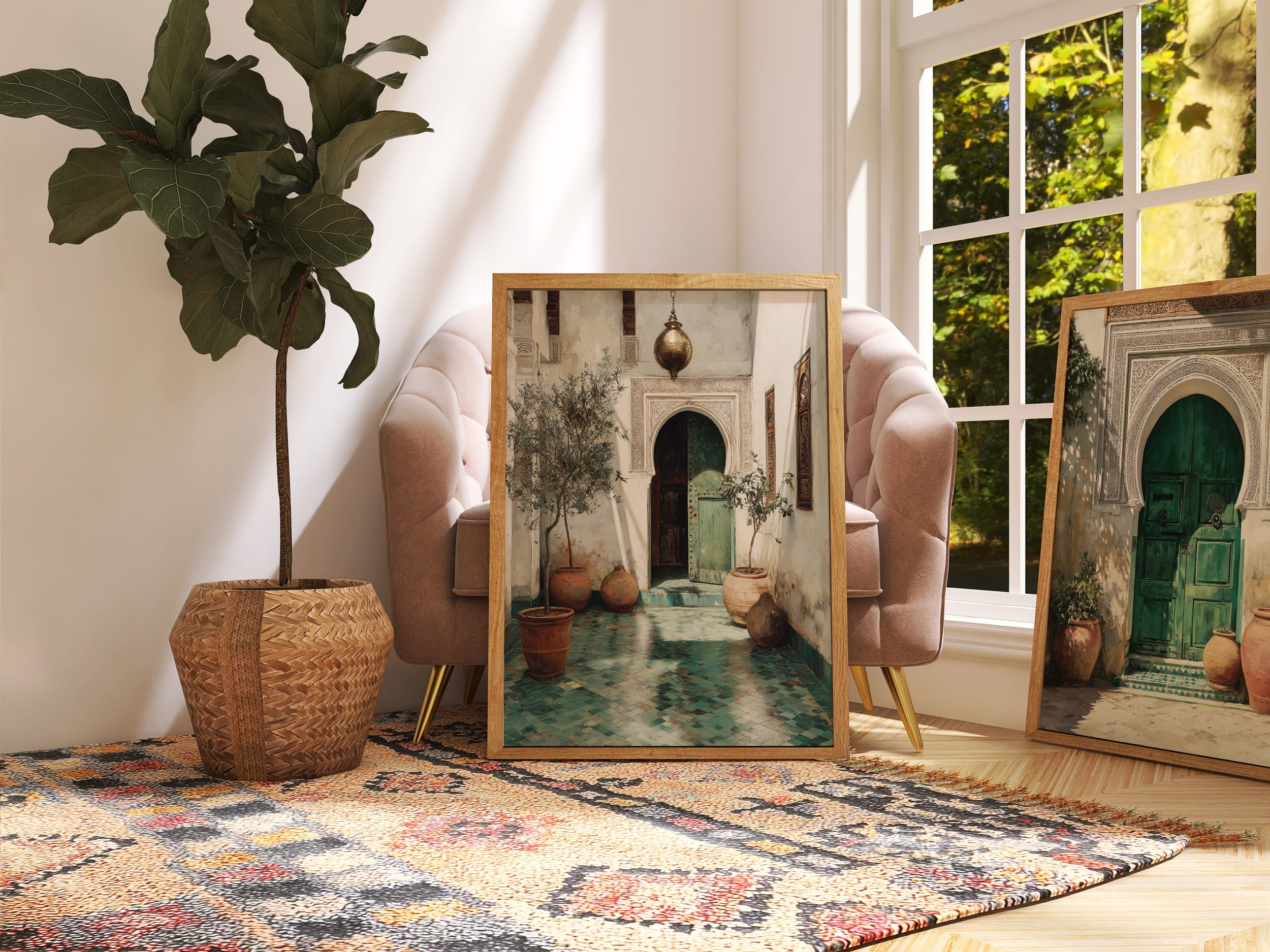 Affiche Riad Maroc Porte Verte – Décoration murale affiche riad maroc porte verte ambiance lumineuse tapis et plante