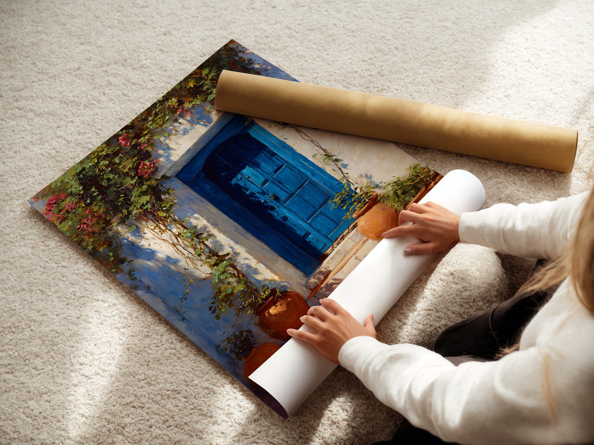Affiche Porte Bleue Maroc – Poster Riad affiche riad maroc porte bleue poster en cours d’installation