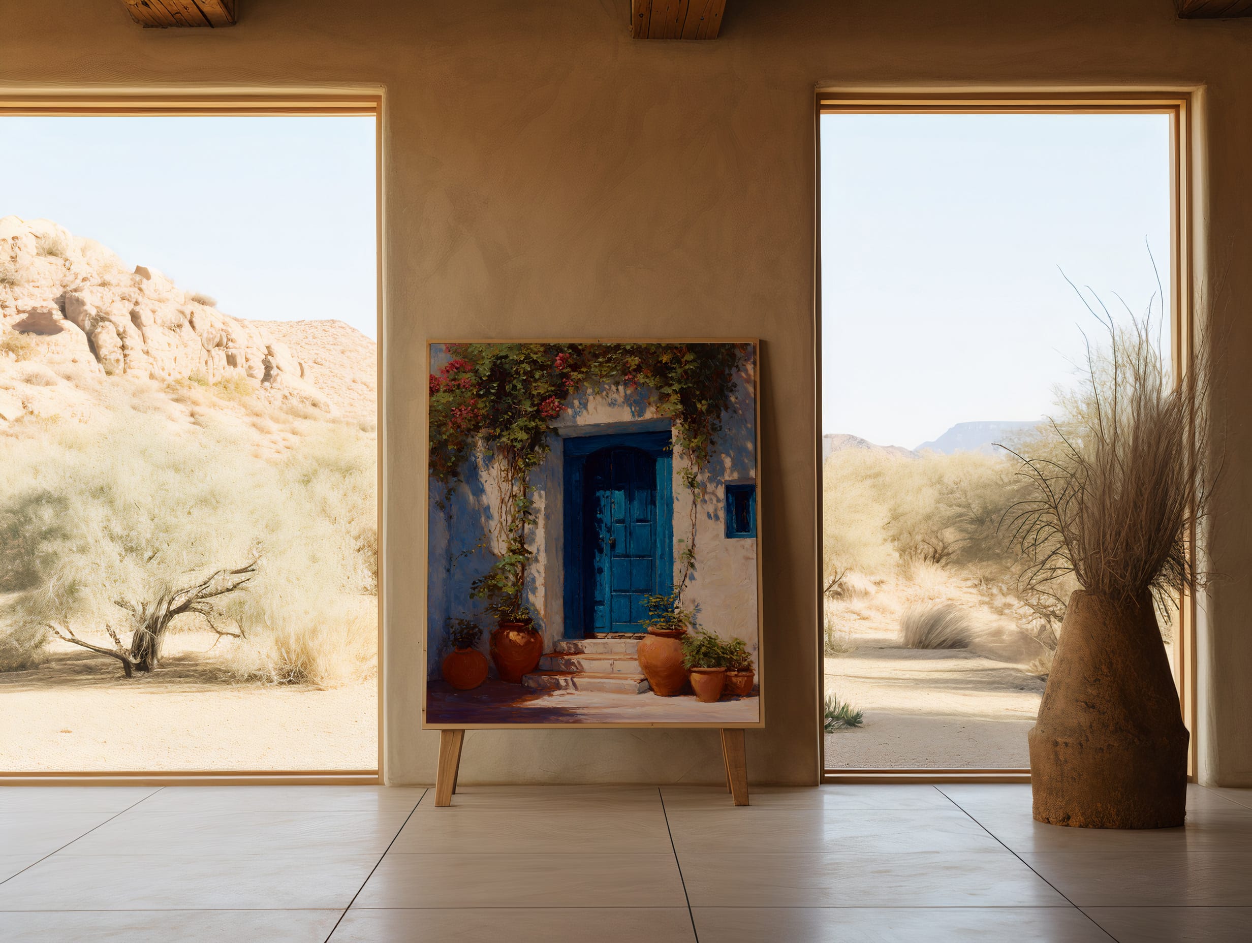 Affiche Porte Bleue Maroc – Poster Riad affiche porte bleue maroc intérieur méditerranéen ouvert sur nature