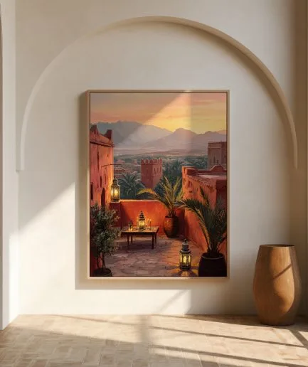 Affiche Maroc Atlas terrasse marocaine au coucher du soleil avec lanternes et montagnes