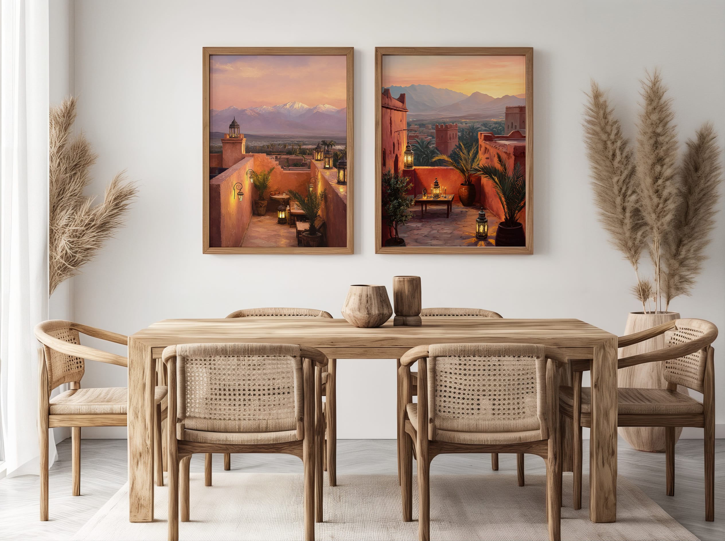 Affiche Maroc Atlas – Terrasse au coucher du soleil Affiches Maroc Atlas en duo au-dessus d’un meuble en bois
