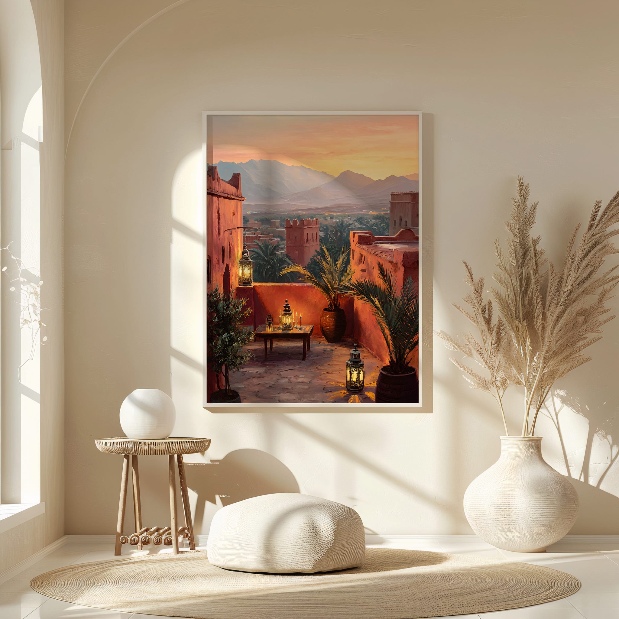 Affiche Maroc Atlas – Terrasse au coucher du soleil Décoration murale Maroc avec lanternes et montagnes de l’Atlas
