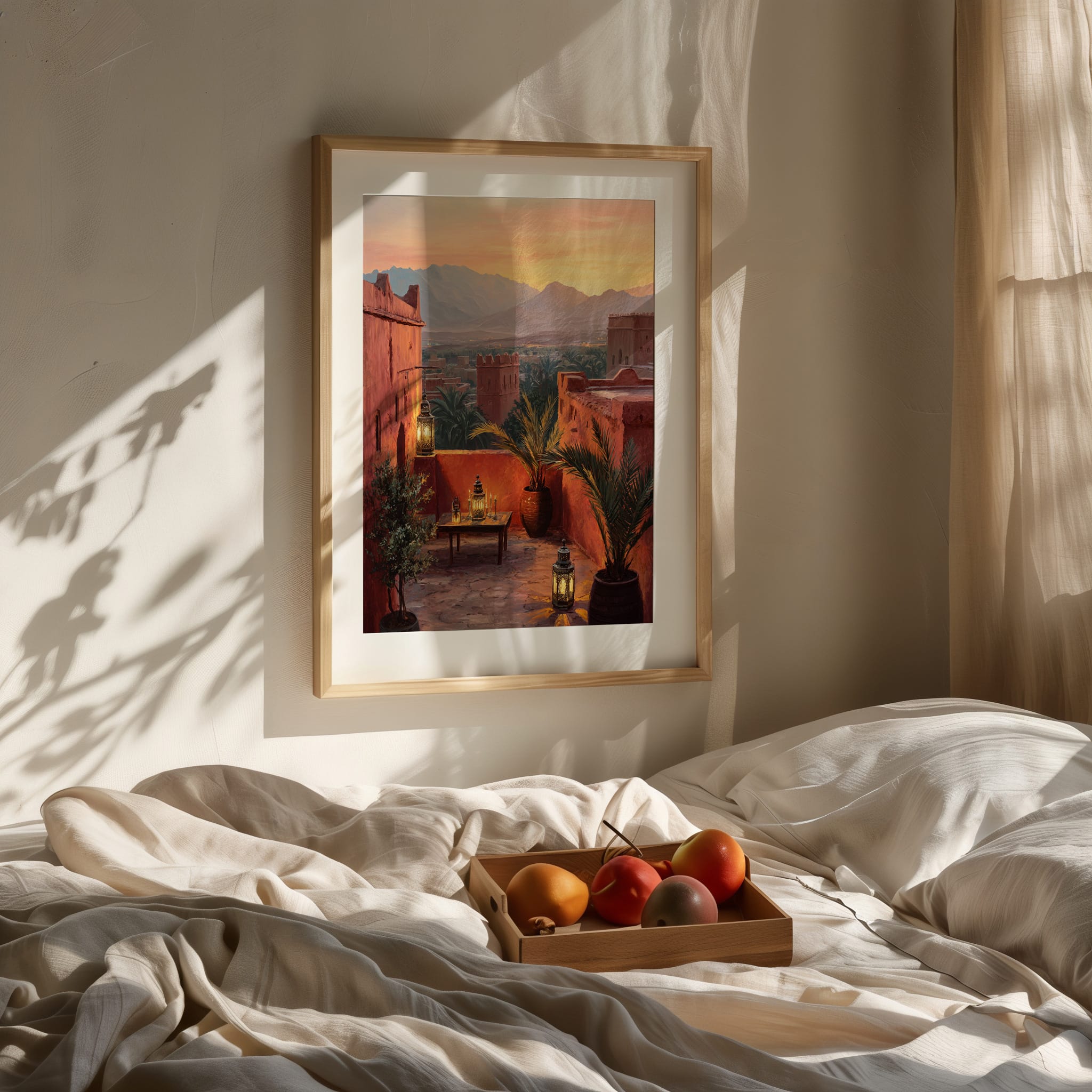 Affiche Maroc Atlas – Terrasse au coucher du soleil Affiche Maroc Atlas encadrée au-dessus d’un lit