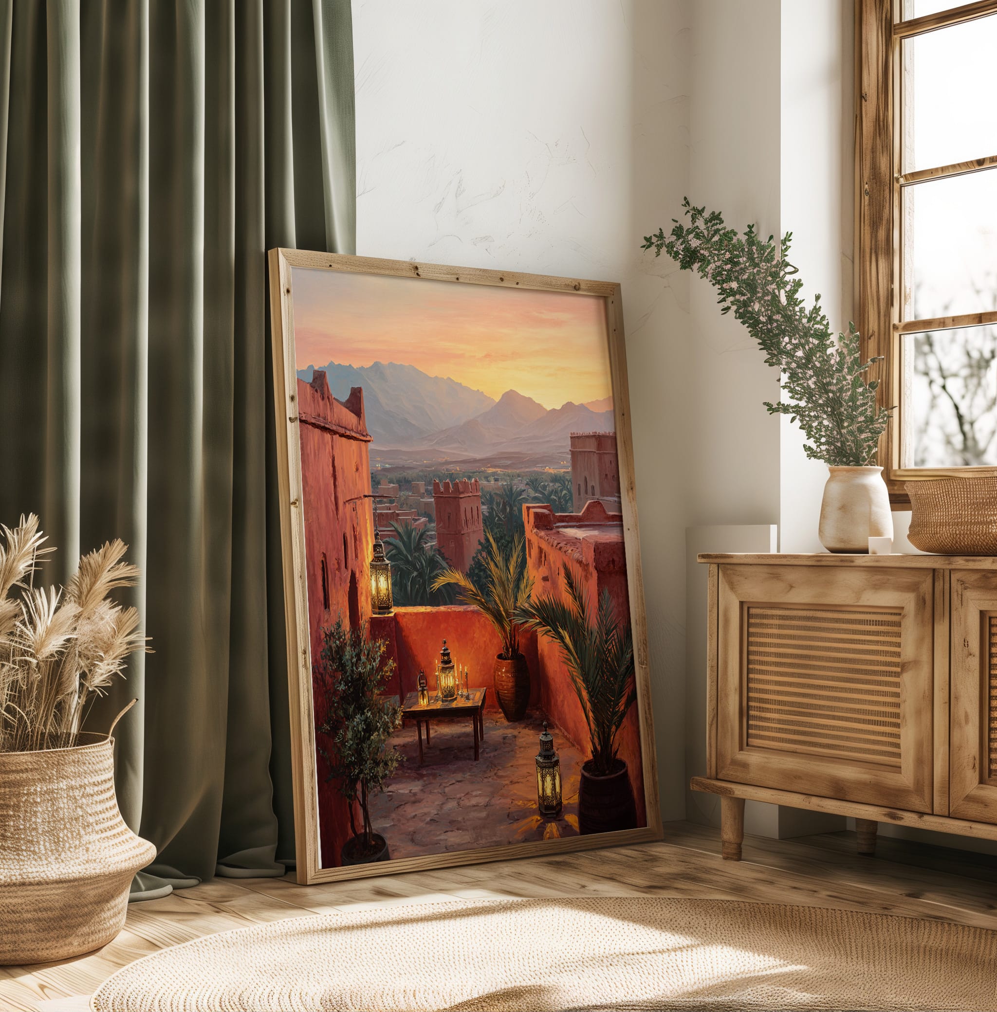 Affiche Maroc Atlas – Terrasse au coucher du soleil Poster terrasse riad marocain dans une chambre douce