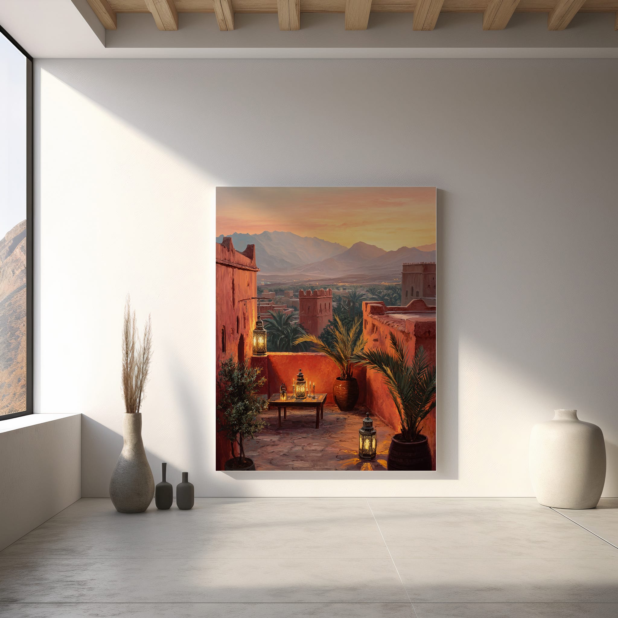 Affiche Maroc Atlas – Terrasse au coucher du soleil Affiche Marrakech coucher de soleil terrasse – mockup décoration murale