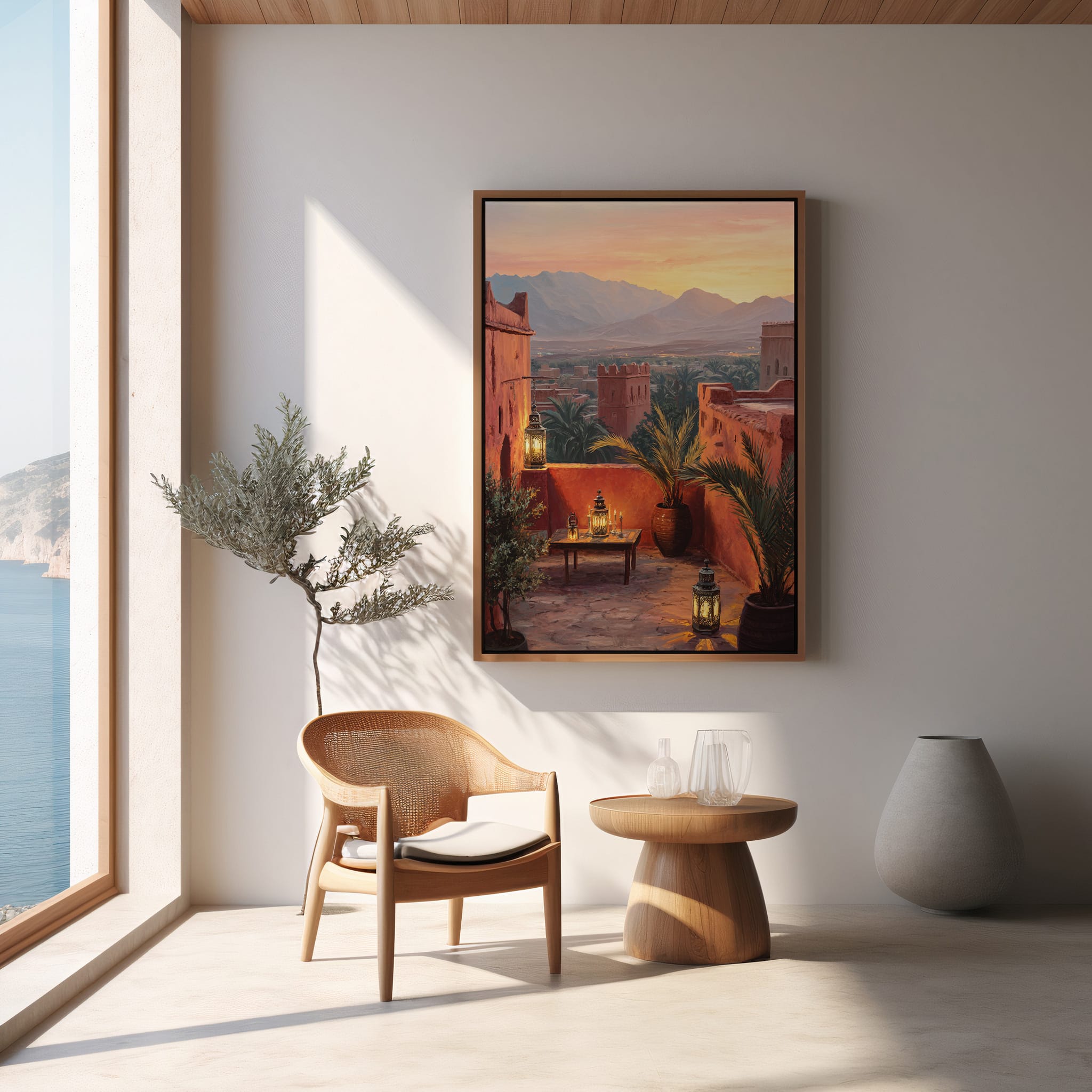 Affiche Maroc Atlas – Terrasse au coucher du soleil Affiche coucher de soleil Maroc dans une décoration naturelle