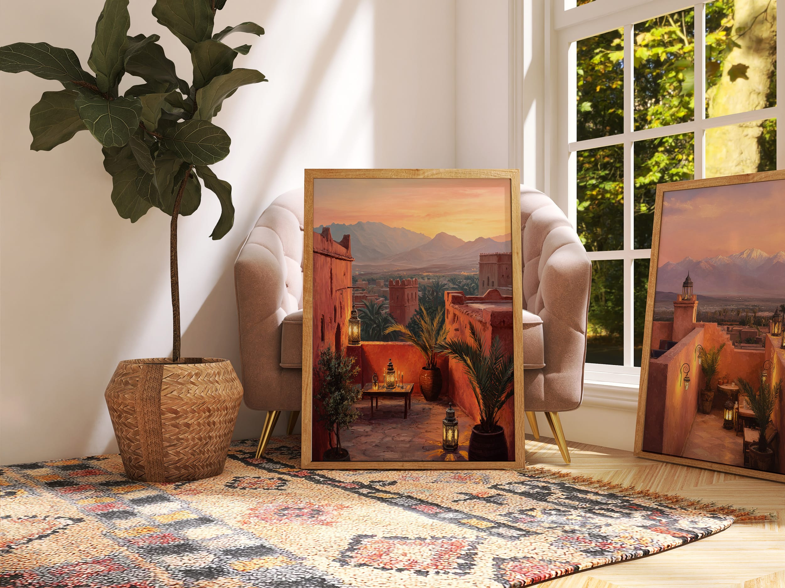 Affiche Maroc Atlas – Terrasse au coucher du soleil Affiche orientale Maroc posée dans un salon bohème