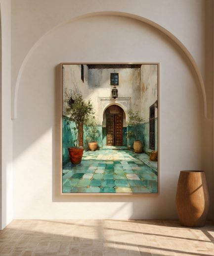 Affiche riad marocain avec cour intérieure, zellige turquoise et porte ancienne