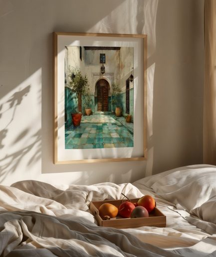 Affiche riad marocain au-dessus d’un lit avec ambiance douce et lumineuse