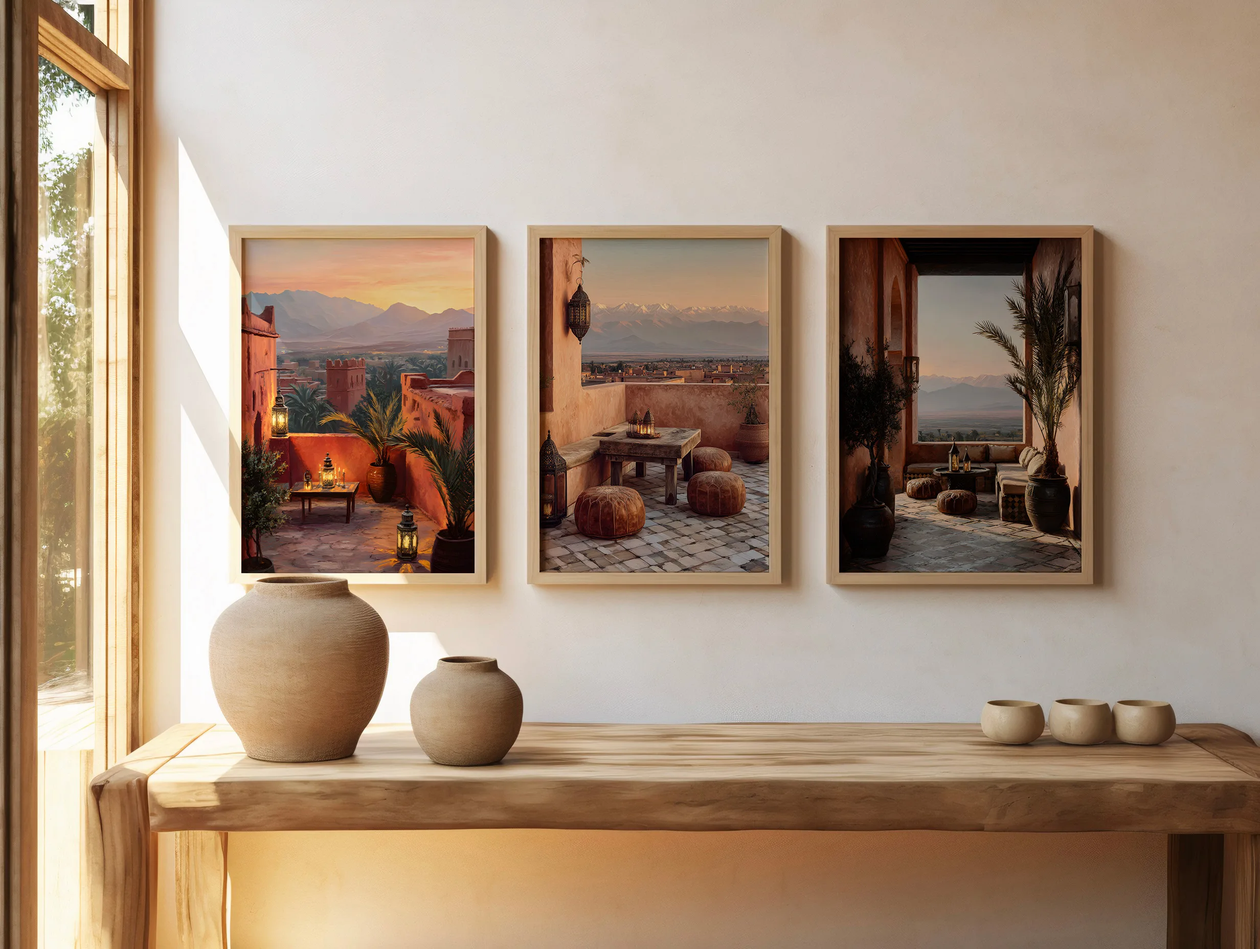 Composition murale avec affiches marocaines et ambiance terracotta